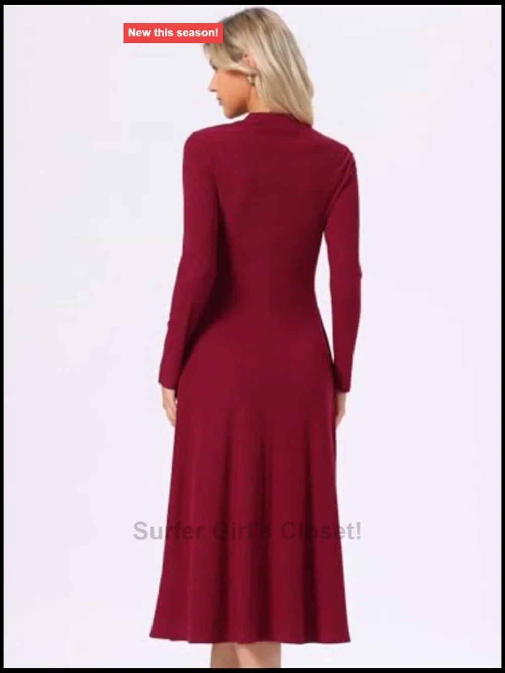 Ribbed Knit Midi A-Line Dress Long Sleeve Crew Neck Side Pockets Casual Swing